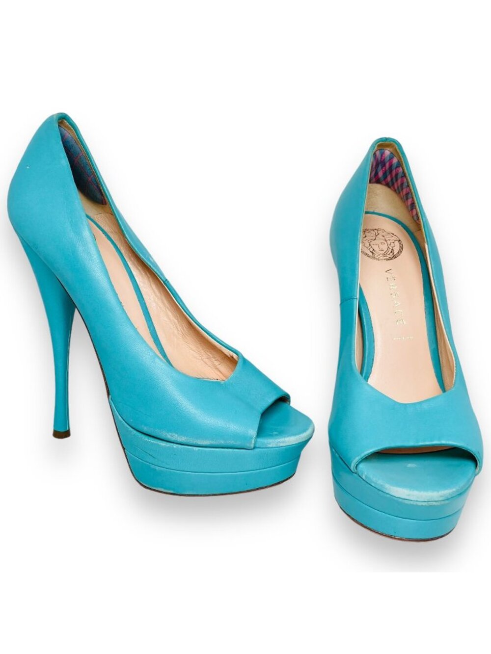 Versace Womens Turquoise Leather Peep Toe Double Platform Stiletto Heels 35.5 5
